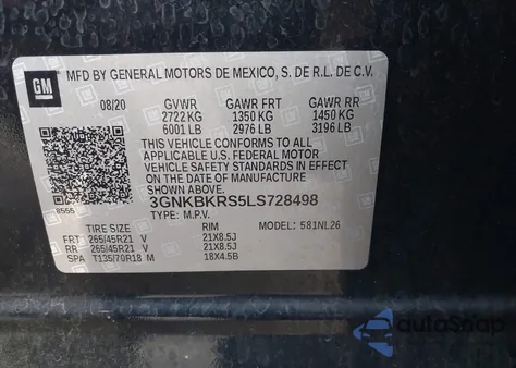 2020 Chevrolet Blazer Awd Rs из США, поврежденный, VIN 3GNKBKRS5LS728498